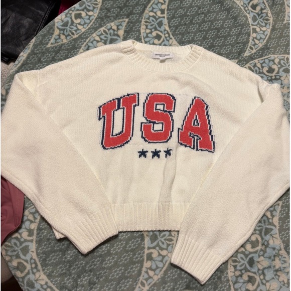 Grayson Threads Sweaters - Grayson Threads USA Cropped Knit Sweater Cream White Red Blue Stars Mens Medium